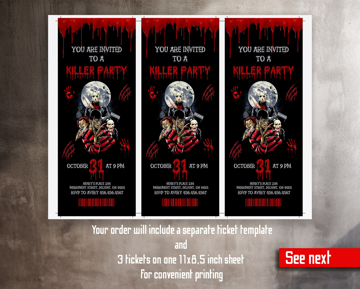 Horror Killer Movie Party Ticket customizable invitation template | Share or Print |  | HY350