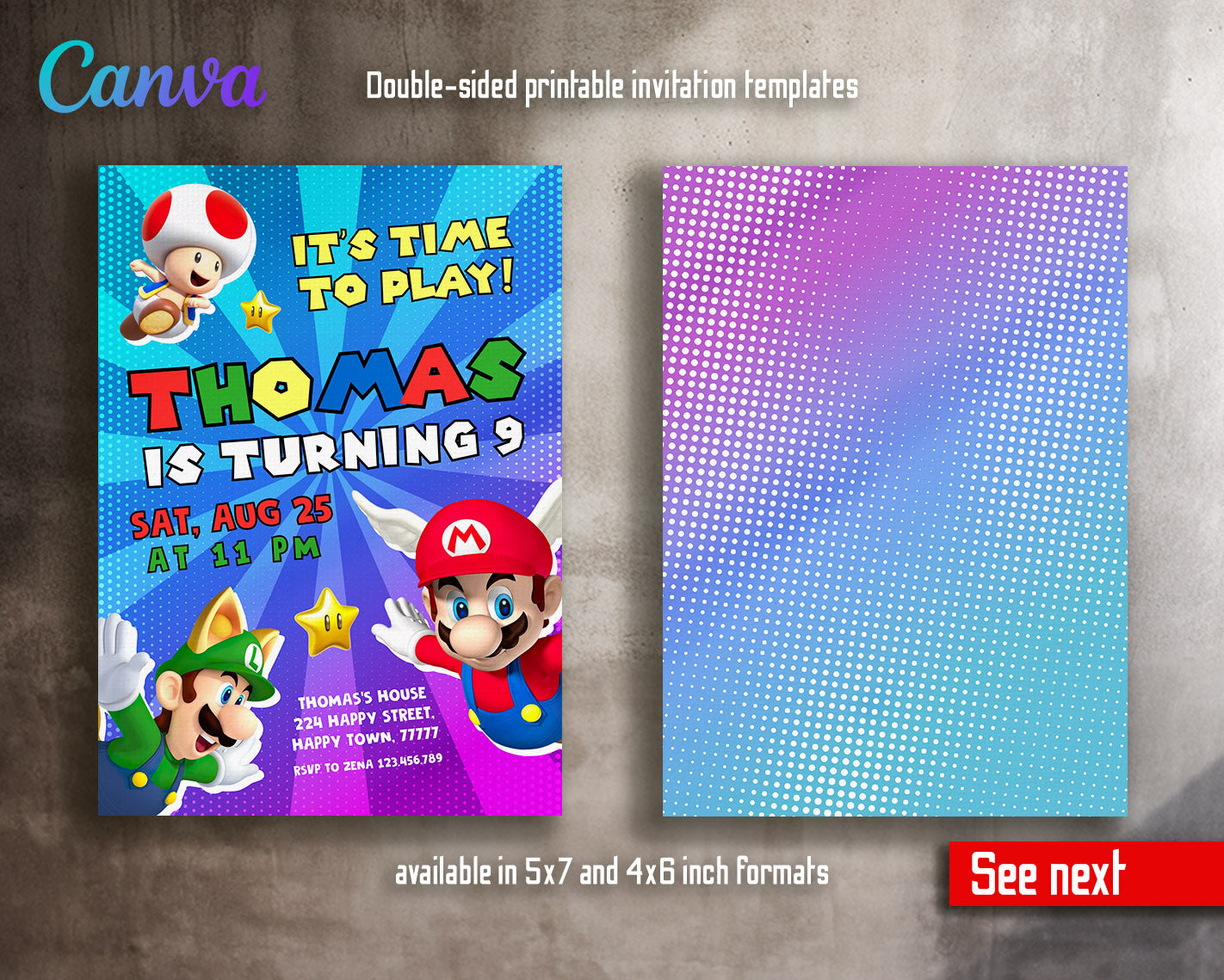 Super Mario Bros  customizable invitation template | Share or Print |  | VP496