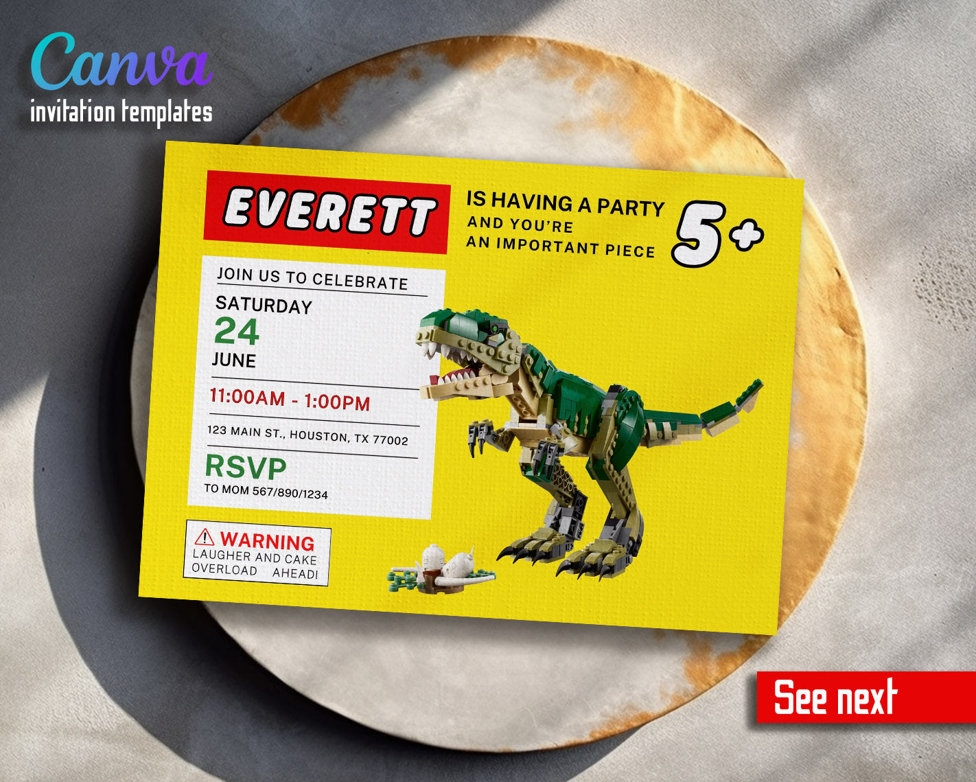 Lego Dinosaur T-Rex customizable invitation template | Share or Print |  | CN298