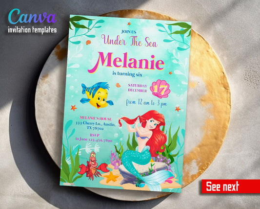 Ariel The Little Mermaid customizable invitation template | Share or Print | girl | JS039