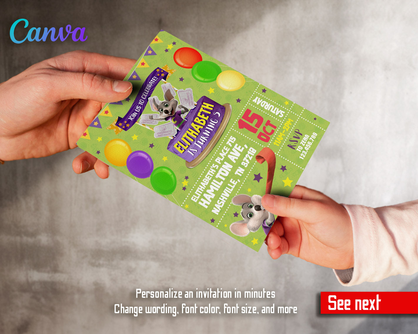 Chuck E. Cheese customizable invitation template | Share or Print |  | SL884