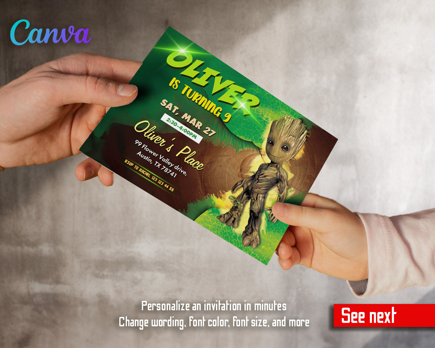 Groot Guardians of the Galaxy Superhero customizable invitation template | Share or Print |  | AM552