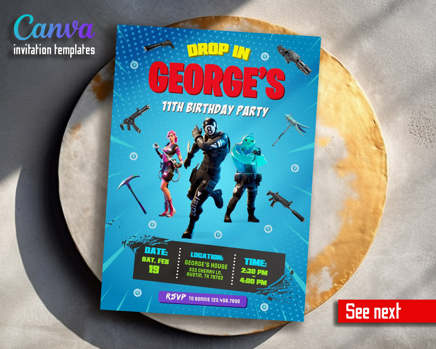 Fortnite gamer customizable invitation template | Share or Print | boy | JG420