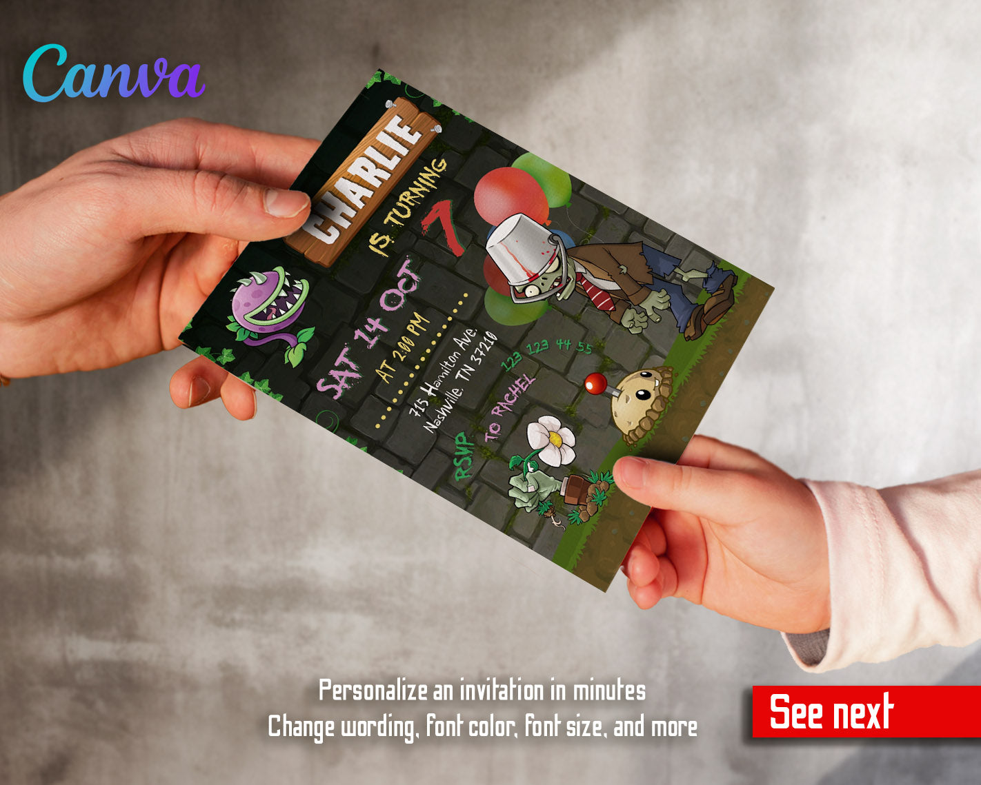 Plants vs Zombies Gamer customizable invitation template | Share or Print |  | YK011