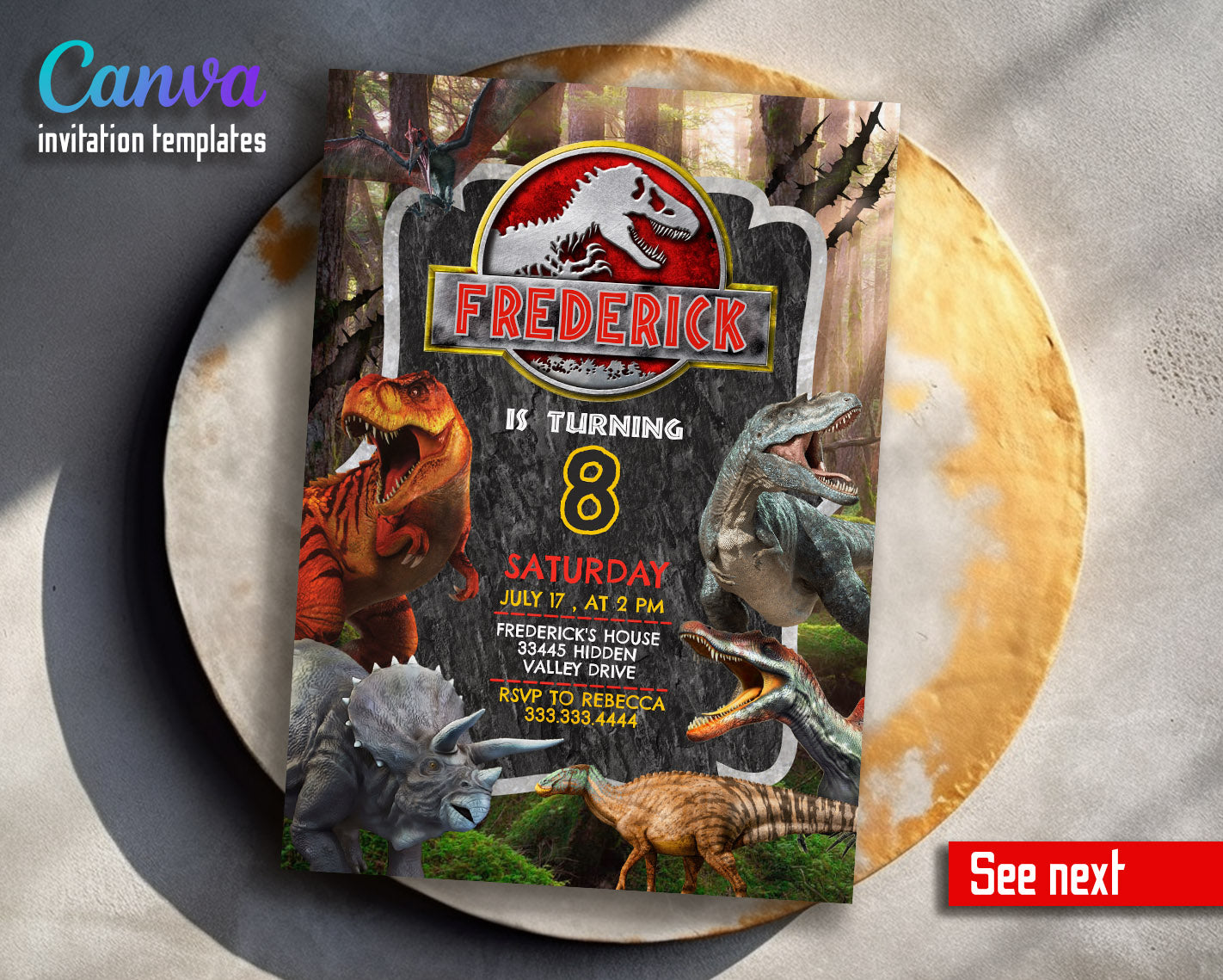 Jurassic Park Dinosaur customizable invitation template | Share or Print |  | KL842