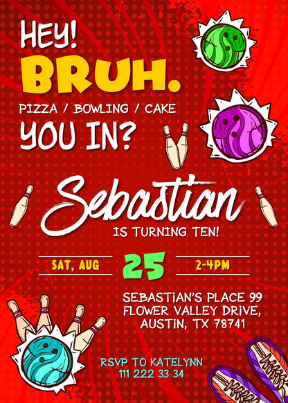 Bruh Bowling customizable invitation template | Share or Print | boy | EU244