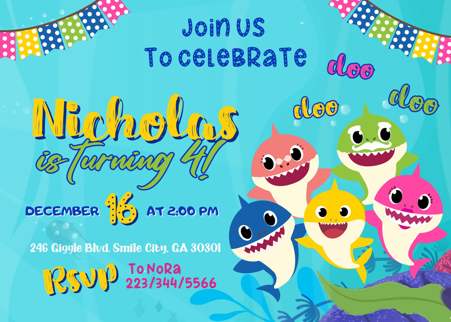 Baby Shark  customizable invitation template | Share or Print |  | UI058