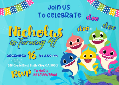 Baby Shark  customizable invitation template | Share or Print |  | UI058