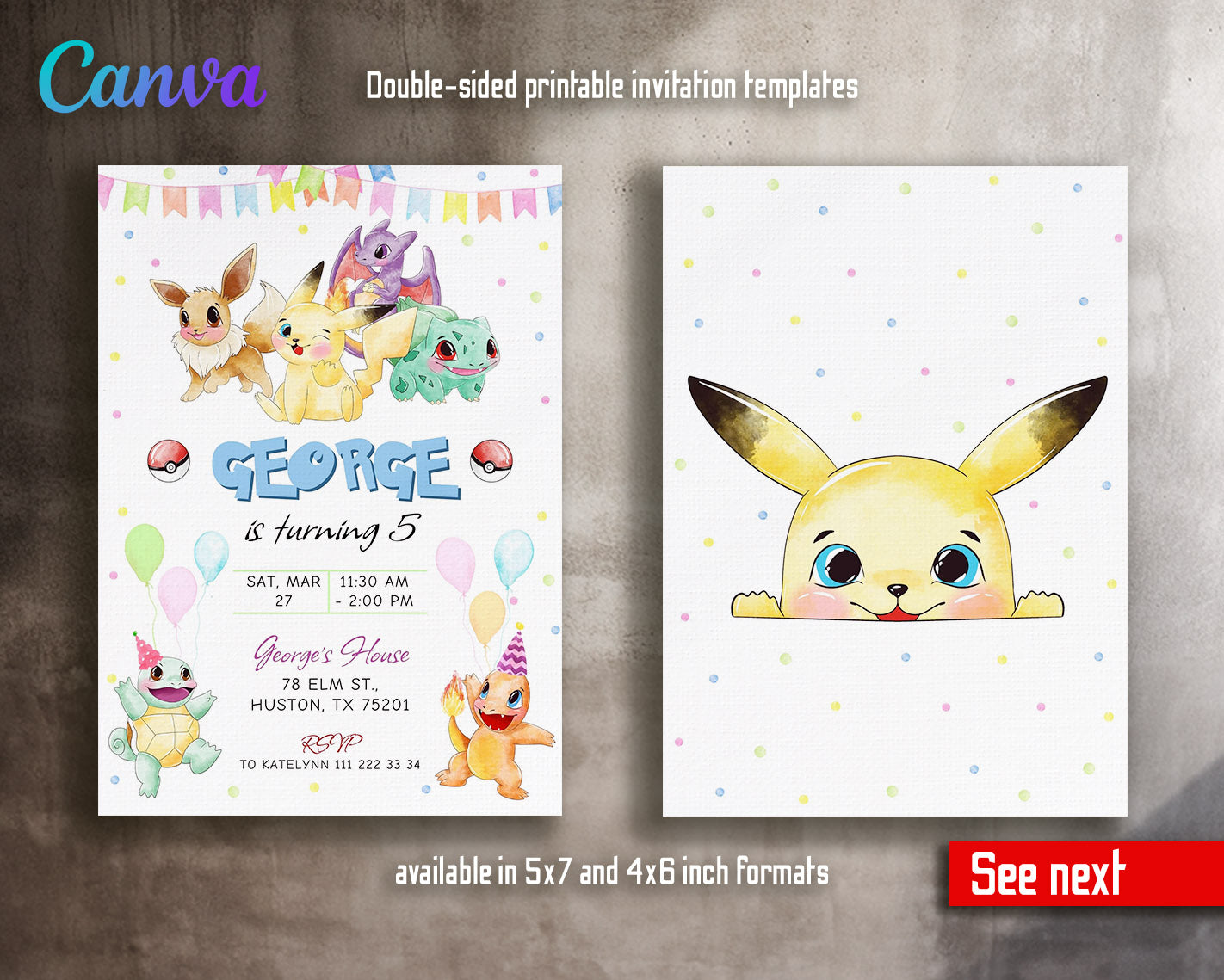 Pokemon Pikachu  customizable invitation template | Share or Print |  | KR802