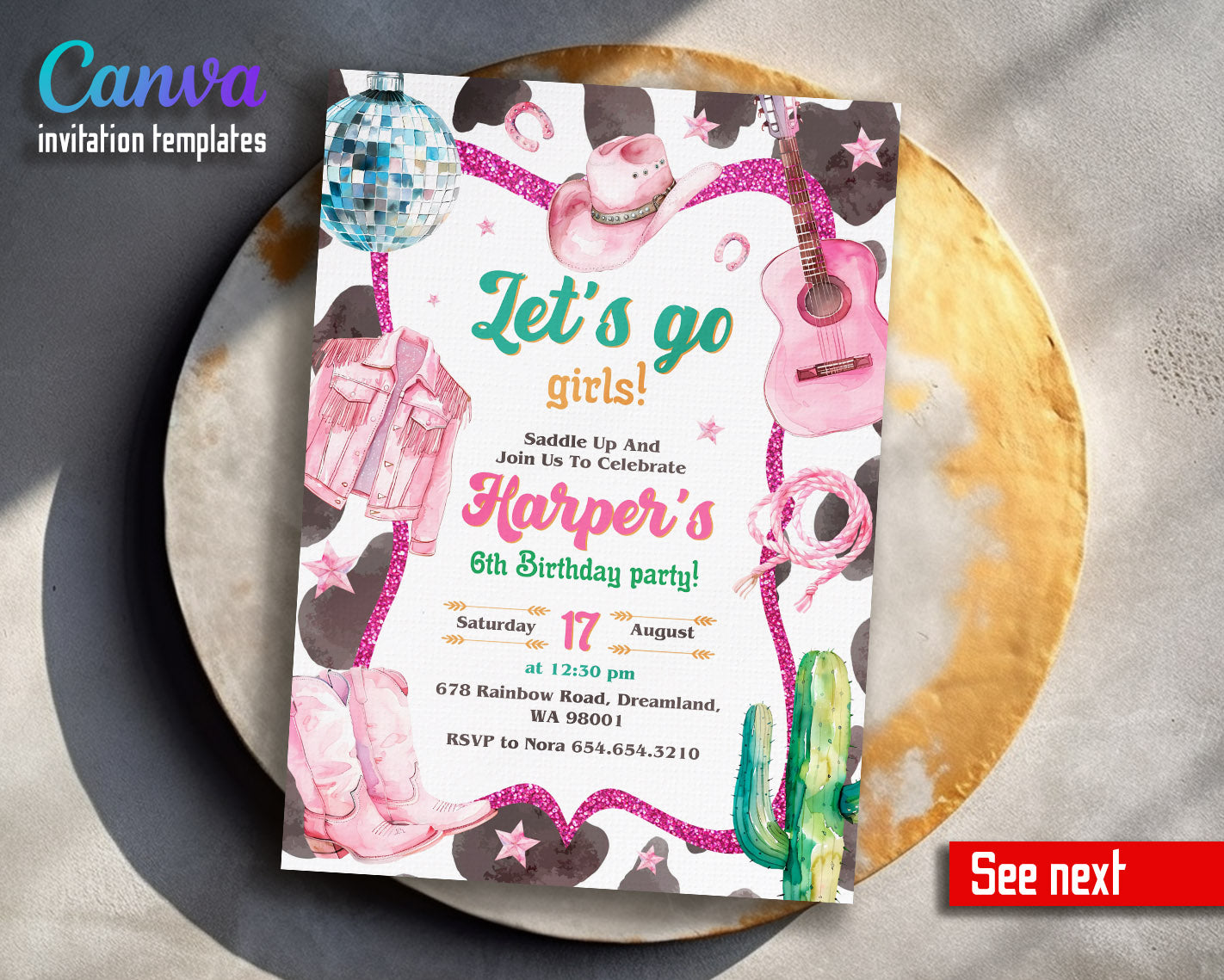 Cowgirl Pink Rodeo customizable invitation template | Share or Print | girl | HD849