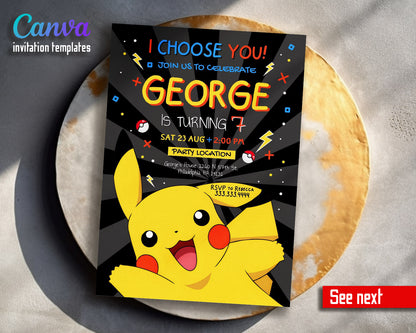 Pokemon Pikachu  customizable invitation template | Share or Print |  | PI640