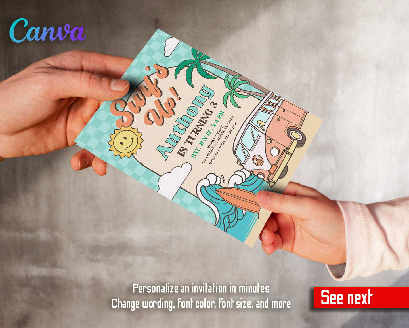 Groovy Surfvan Surfing customizable invitation template | Share or Print |  | BK592