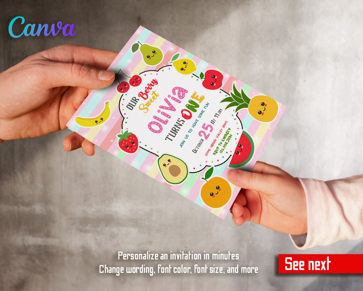 Hey Bear Sensory Dancing Fruits customizable invitation template | Share or Print |  | QV591