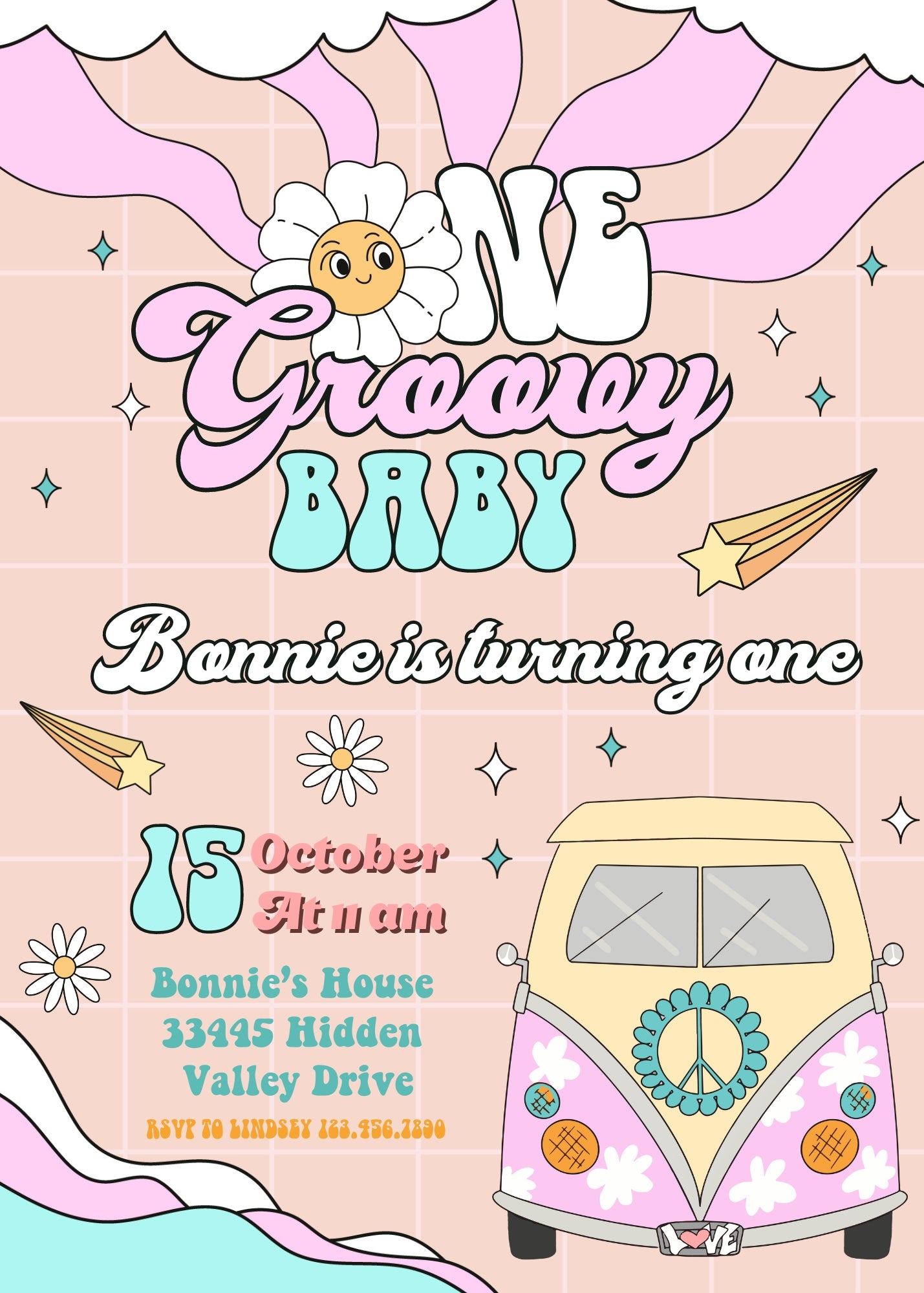 Groovy 1st Bday Hippie Van customizable invitation template | Share or Print |  | AK271