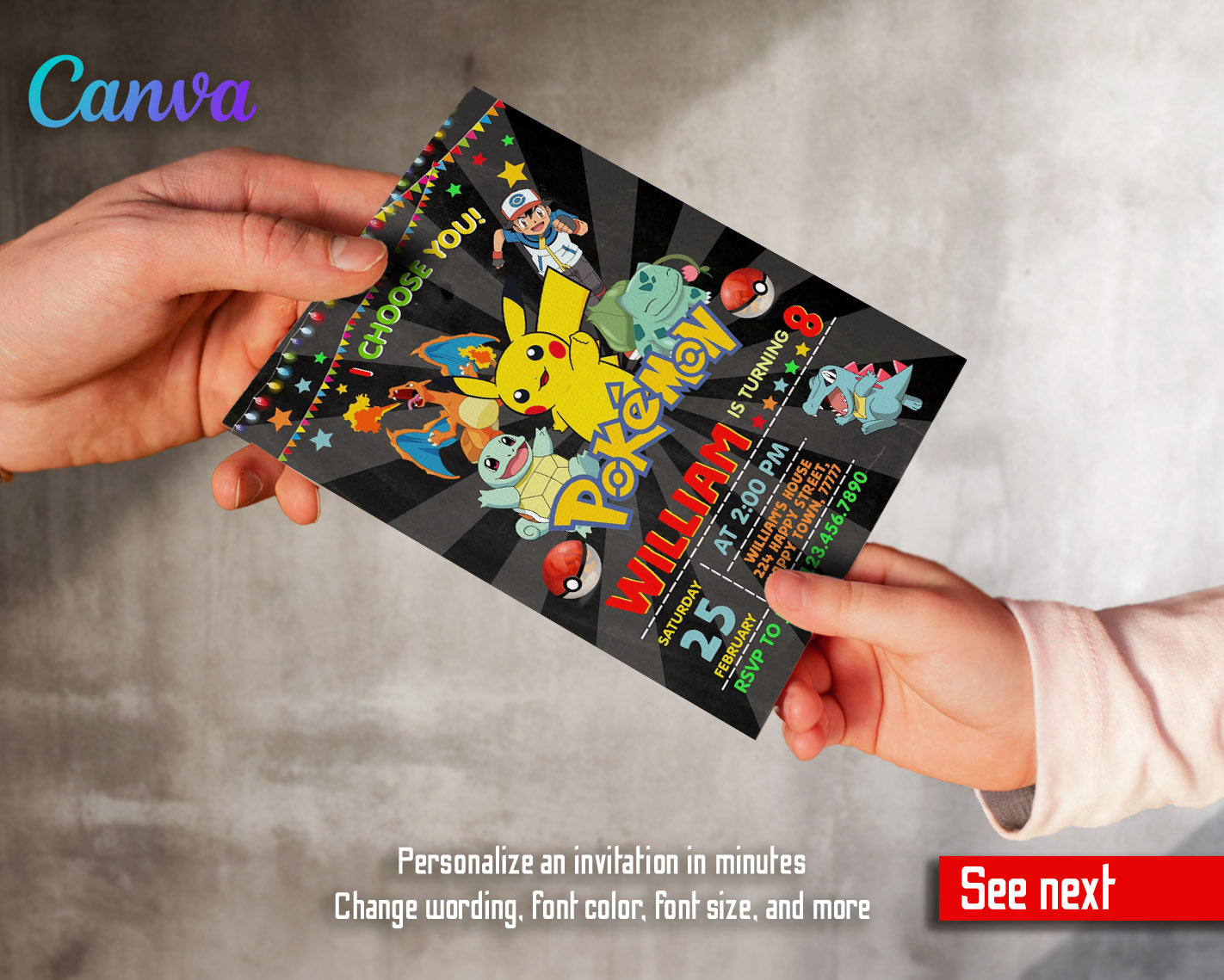 Pokemon Pikachu  customizable invitation template | Share or Print |  | NK498