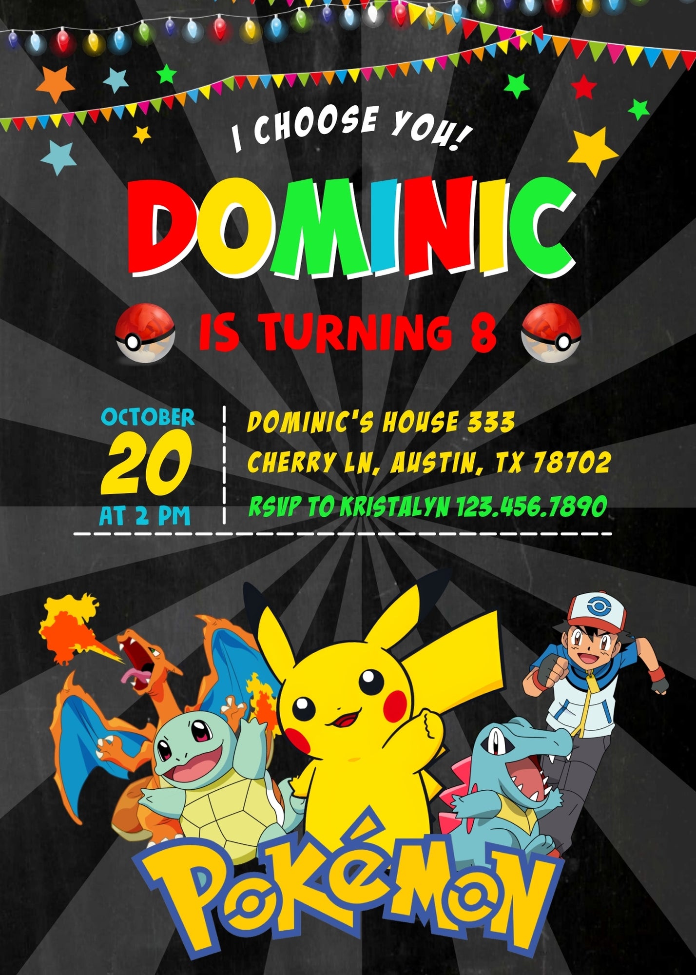 Pokemon Pikachu  customizable invitation template | Share or Print |  | WA232