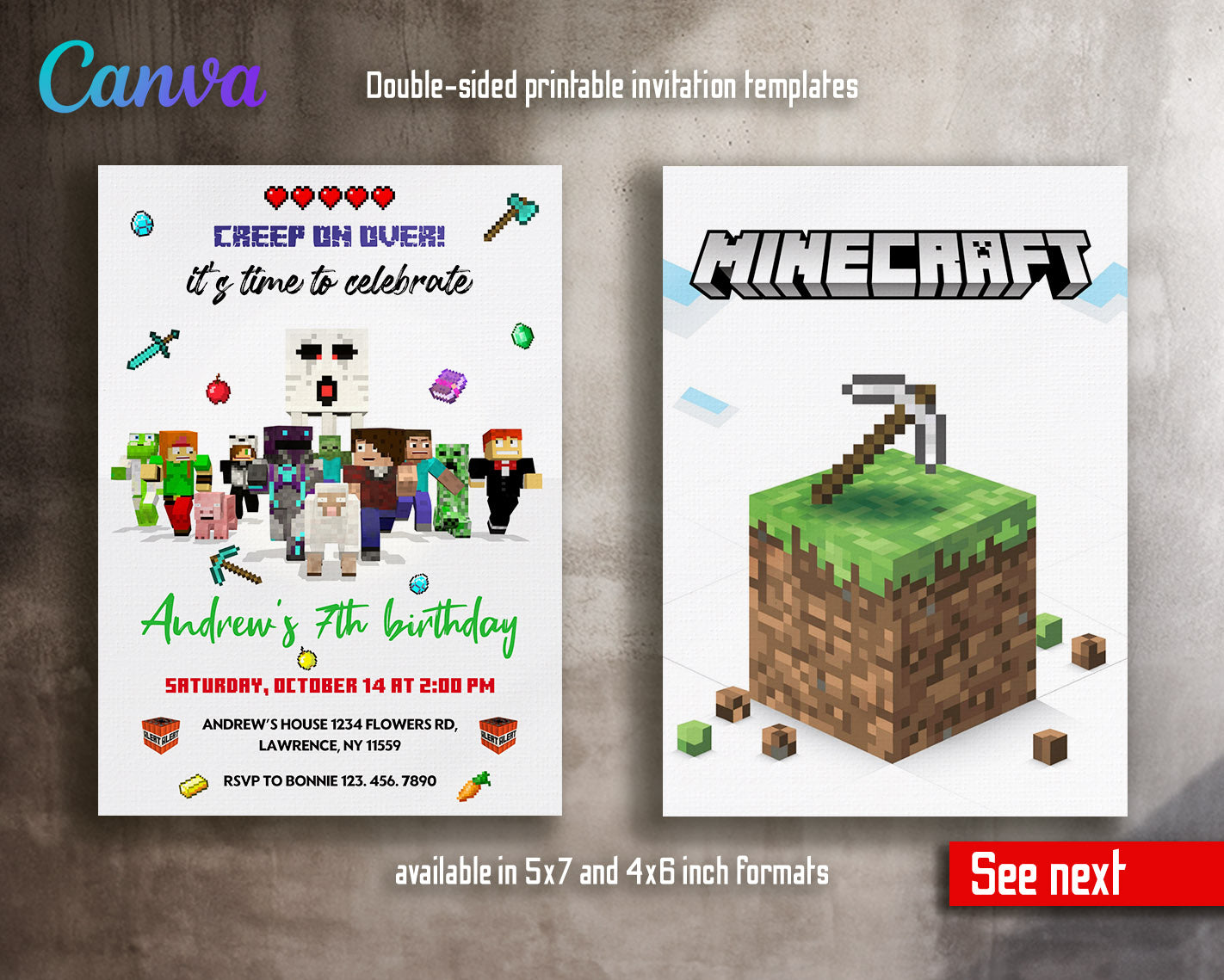 Minecraft Gamer customizable invitation template | Share or Print | | CI337