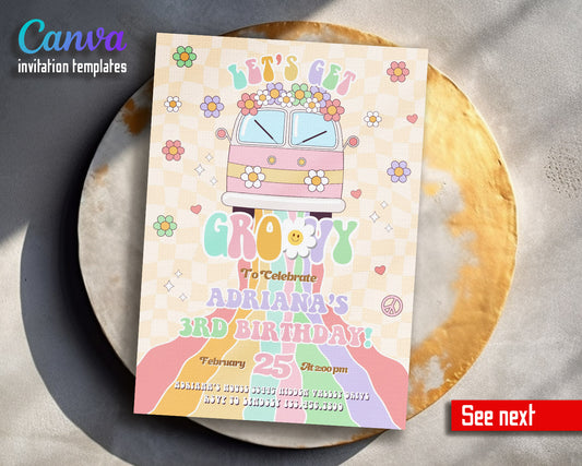 Groovy Retro Van customizable invitation template | Share or Print |  | BZ874