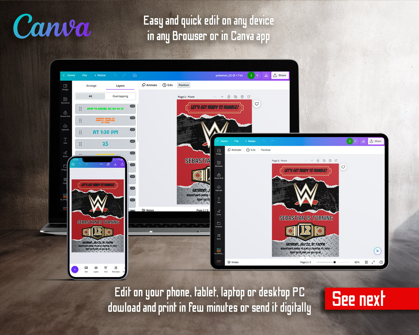 Wrestling WWE WrestleMania  customizable invitation template | Share or Print | boy | GT693