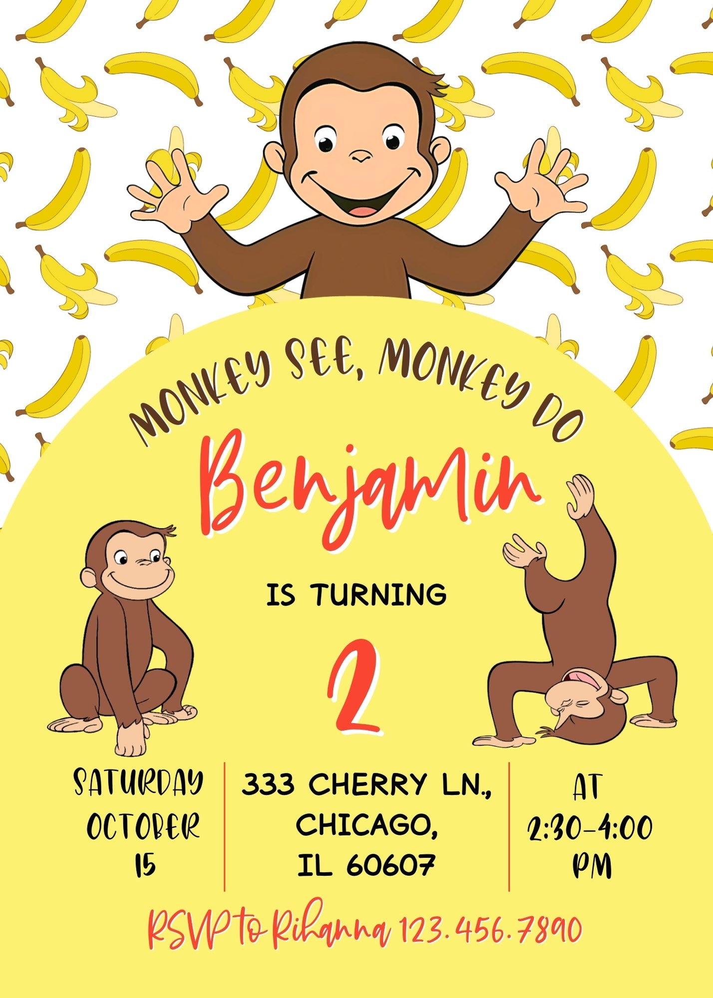 Curious George Monkey customizable invitation template | Share or Print |  | VK794