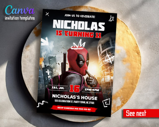 Deadpool Marvel  customizable invitation template | Share or Print | boy | XH594