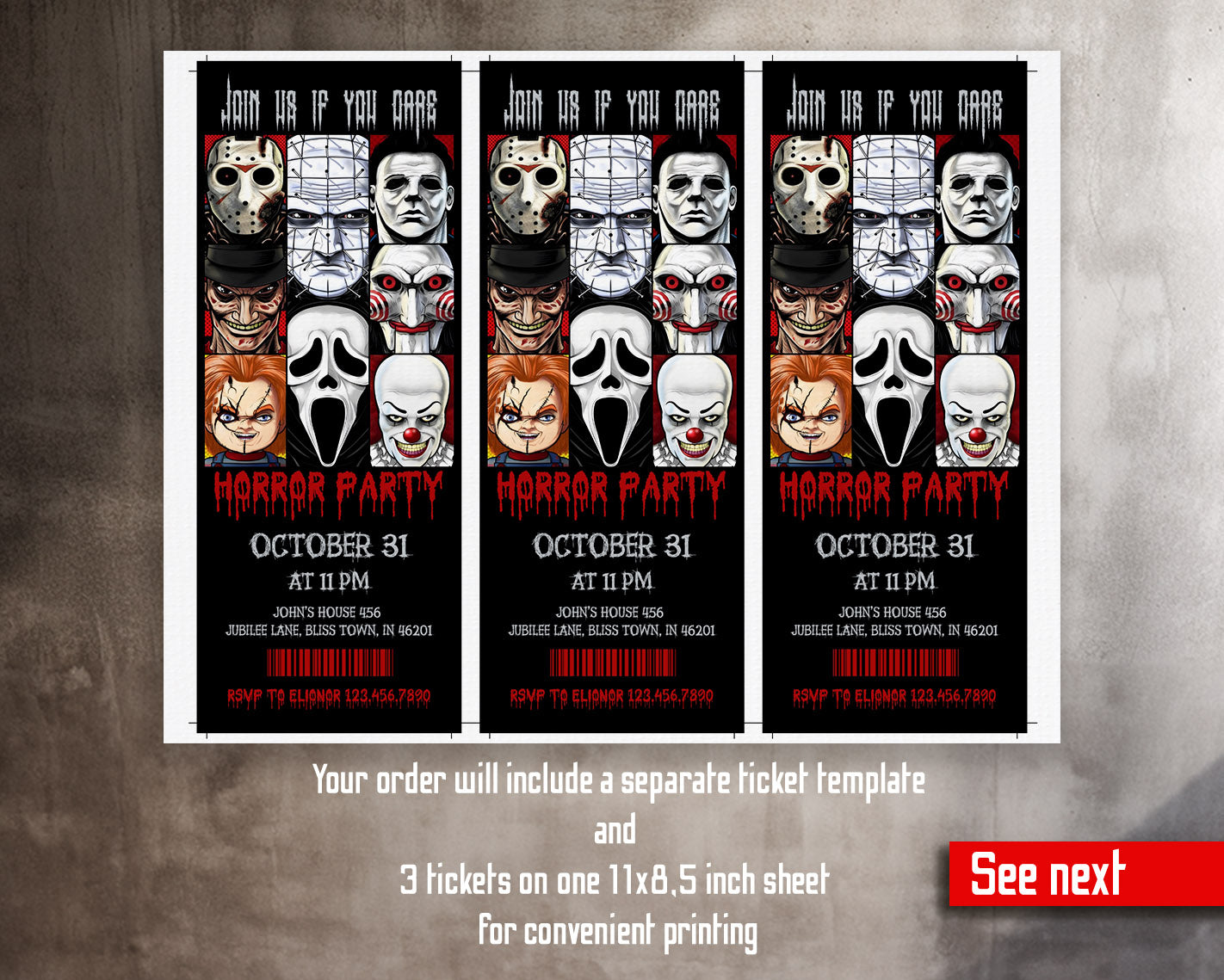 Horror Killer Movie Party Ticket customizable invitation template | Share or Print |  | KF698