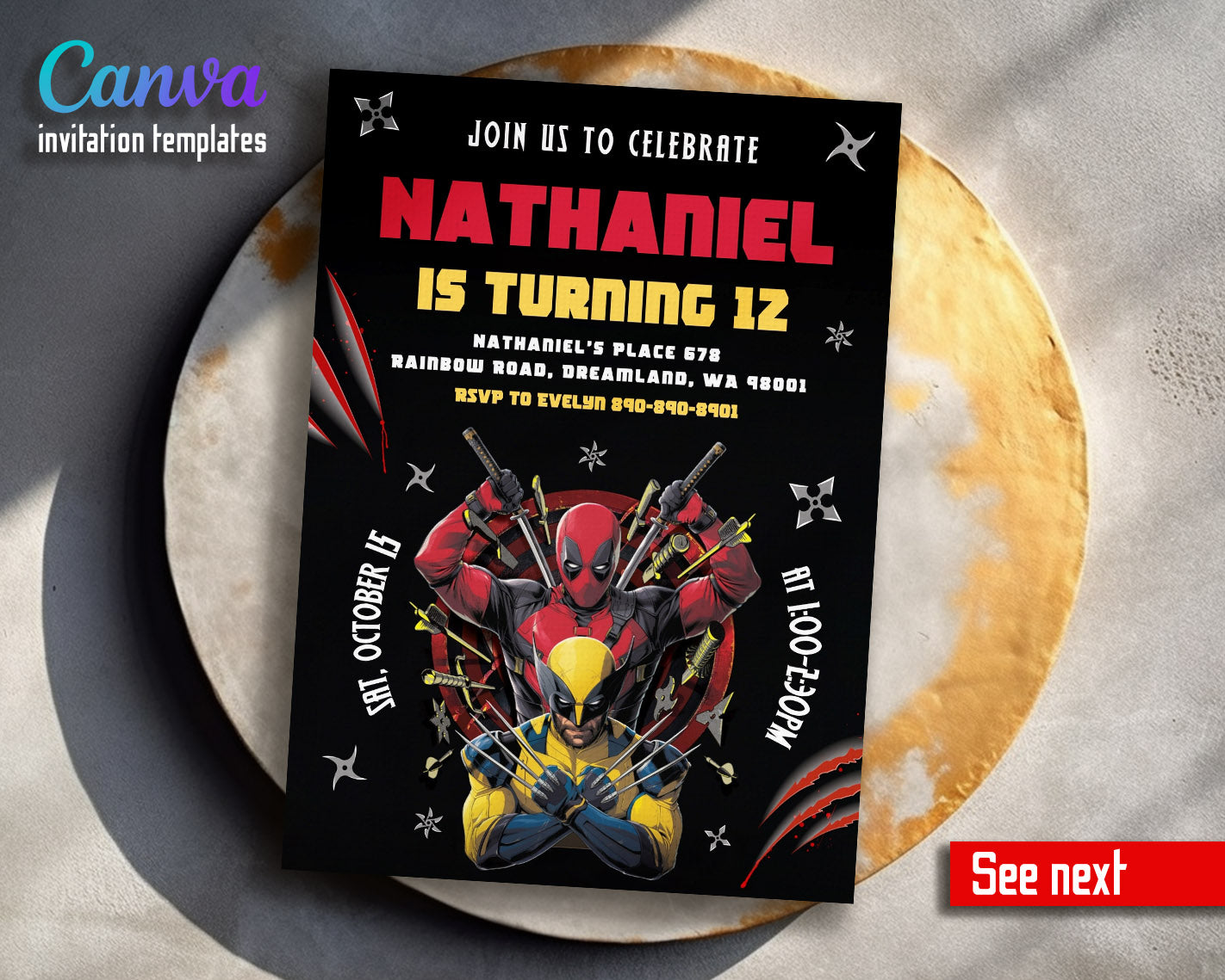 Deadpool Wolverine Marvel  customizable invitation template | Share or Print | boy | YV627