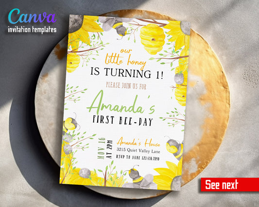 1st Bee Day Party customizable invitation template | Share or Print |  | XZ273