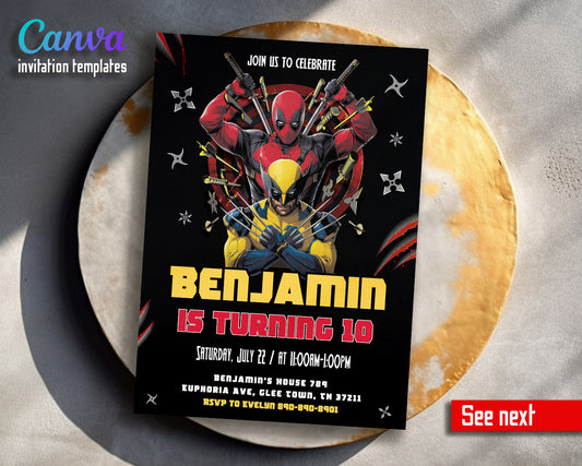 Deadpool Wolverine Marvel  customizable invitation template | Share or Print | boy | PY144