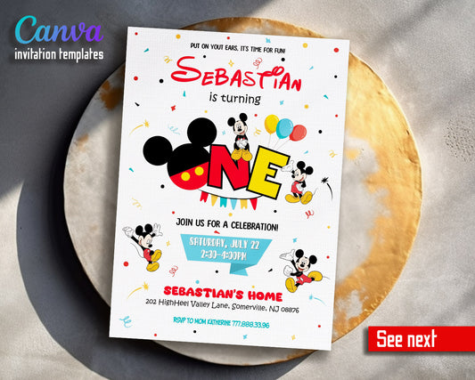 Mickey Mouse 1st Birthday customizable invitation template | Share or Print |  | TM677