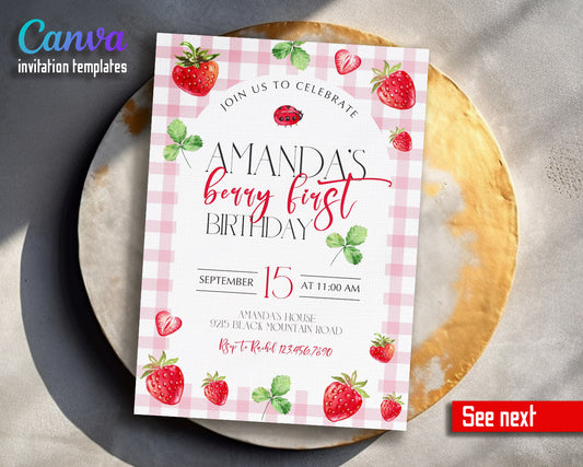 Berry First Birthday customizable invitation template | Share or Print | girl | XY695