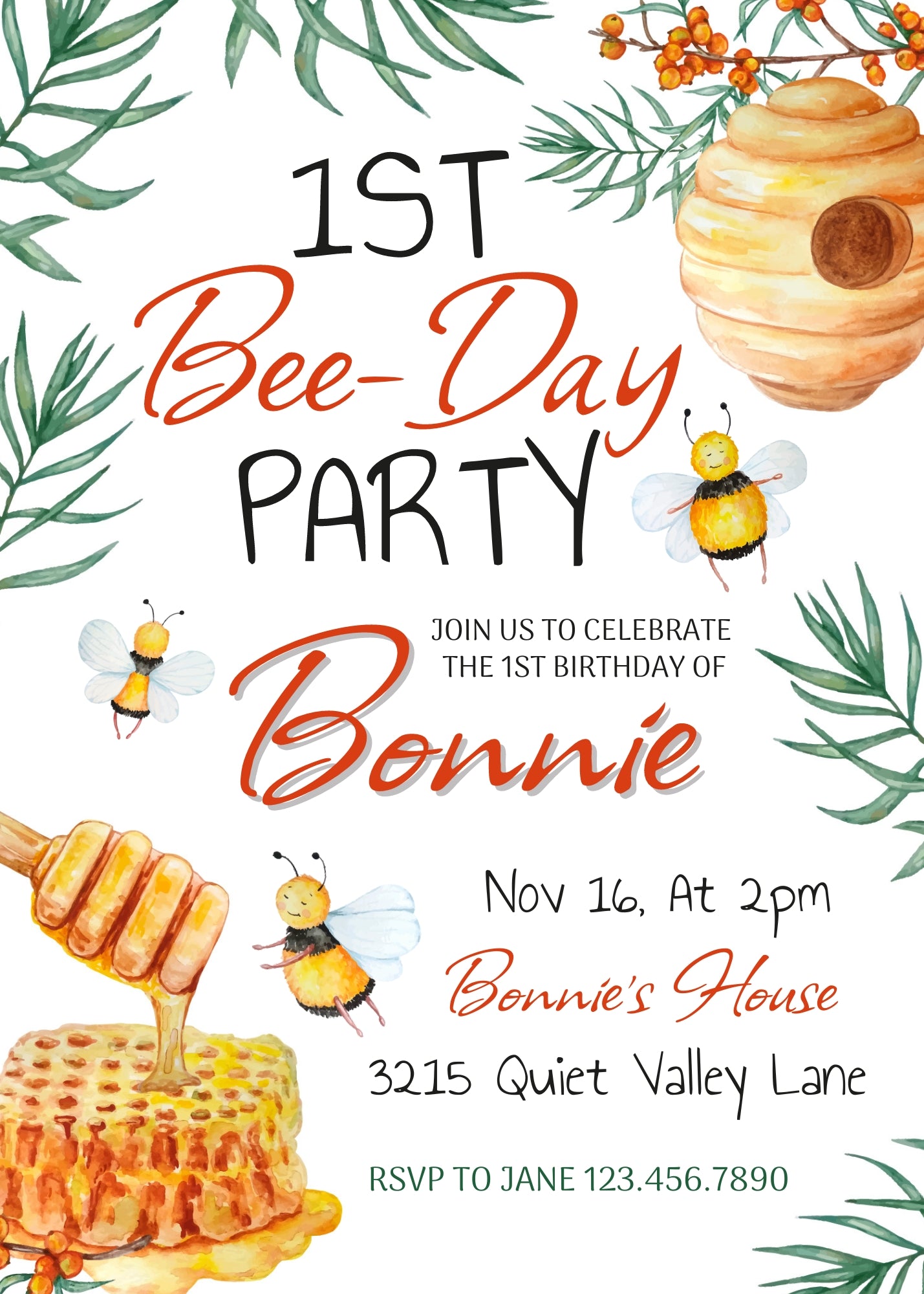 1st Bee Day Party customizable invitation template | Share or Print |  | ZR101