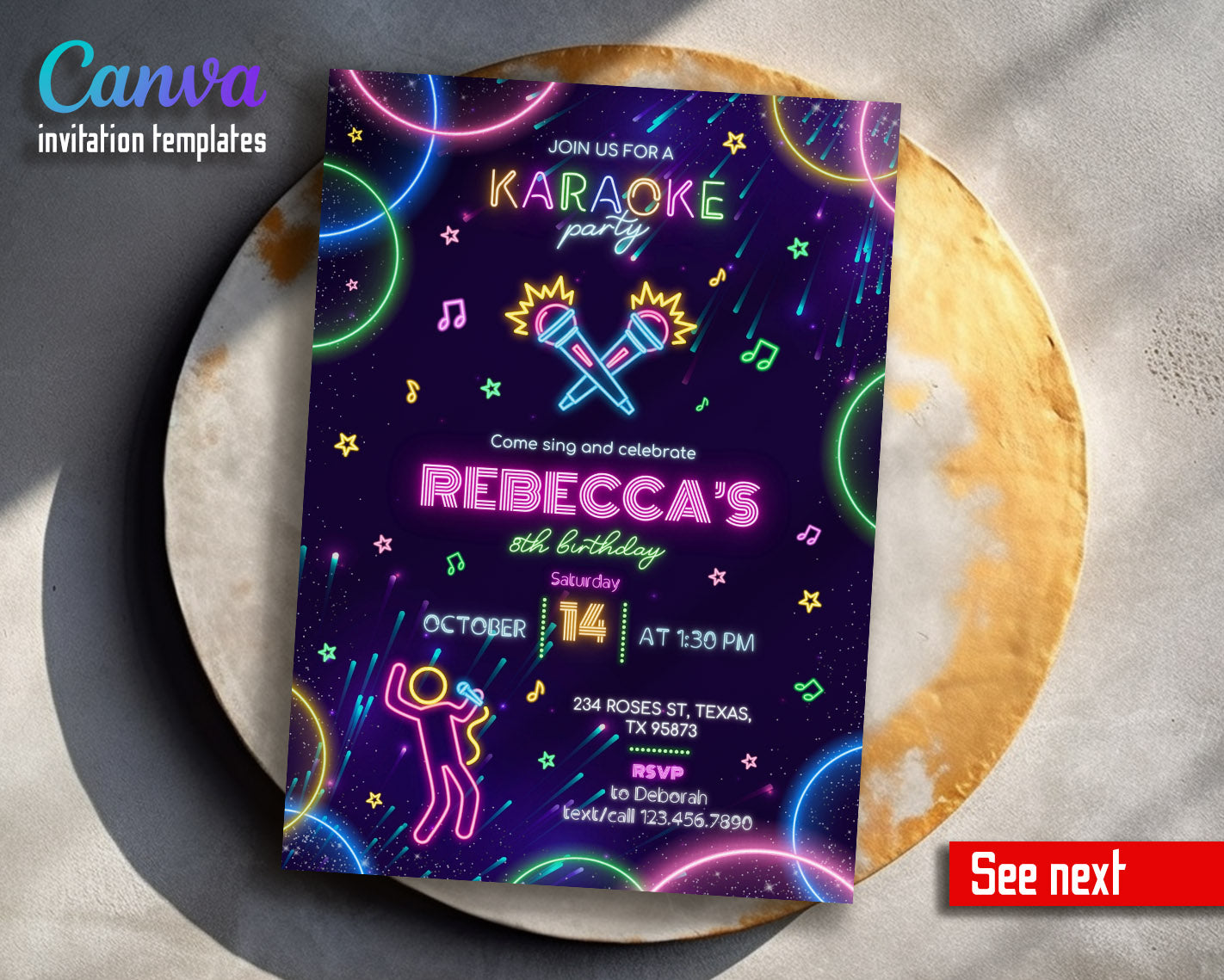 Karaoke Sing Glow customizable invitation template | Share or Print |  | BJ697