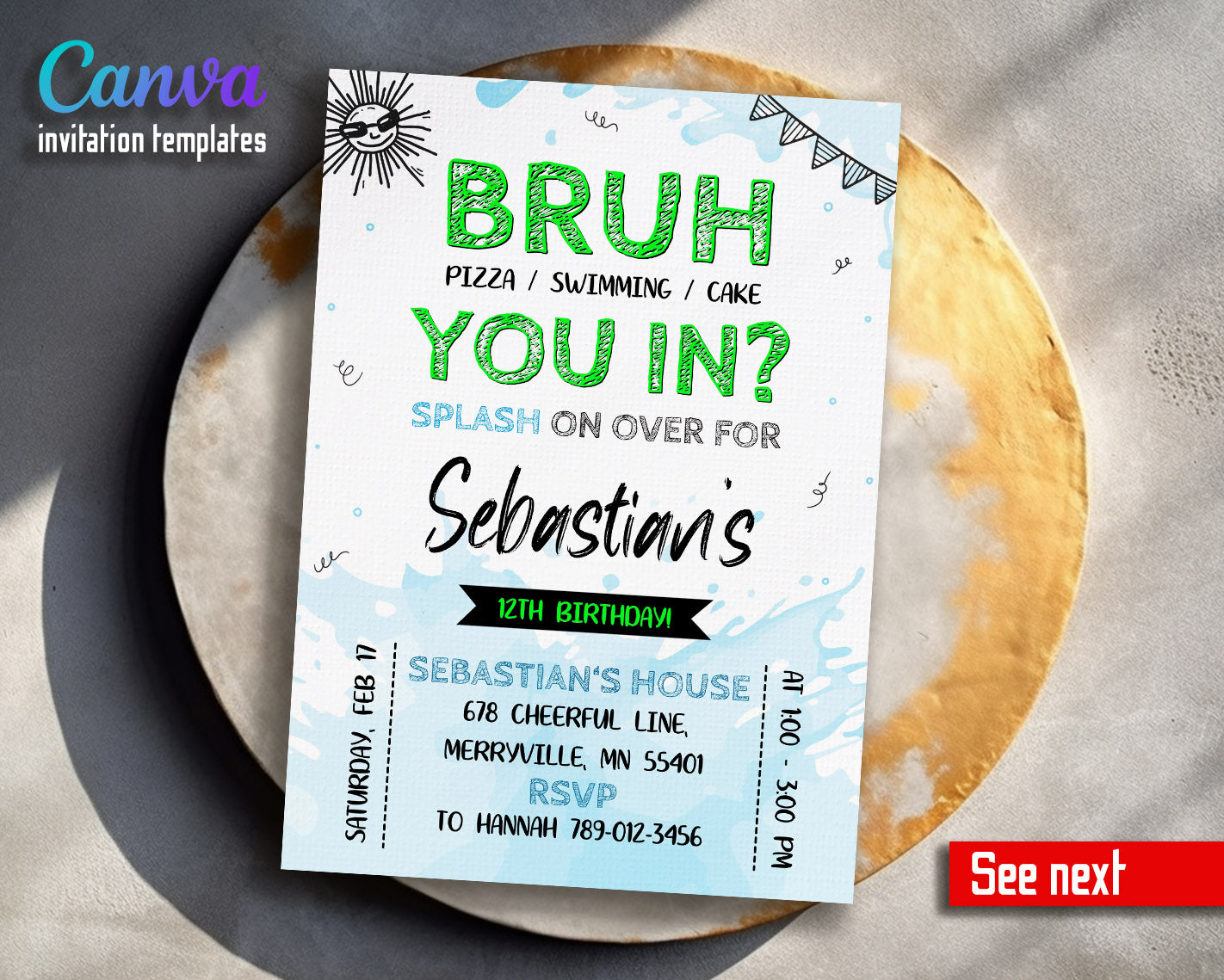 Bruh Pool customizable invitation template | Share or Print | boy | OE273