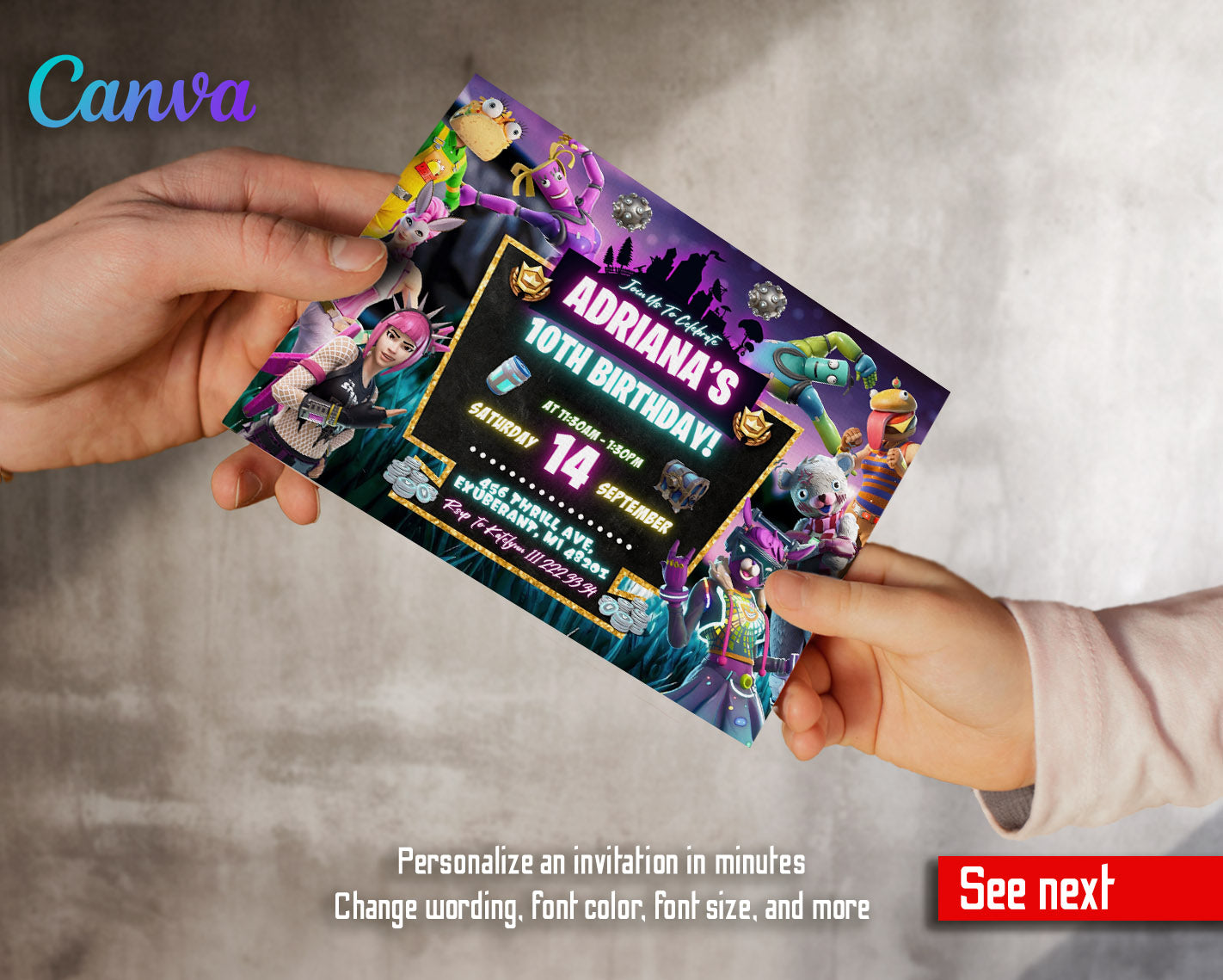 Fortnite gamer customizable invitation template | Share or Print | boy | TU447