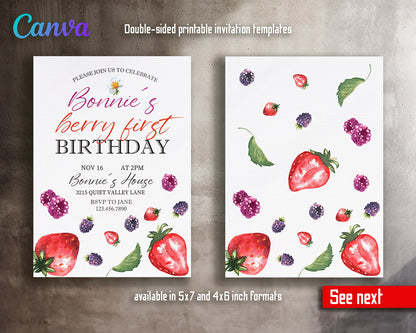 Berry First Birthday customizable invitation template | Share or Print | girl | OM910