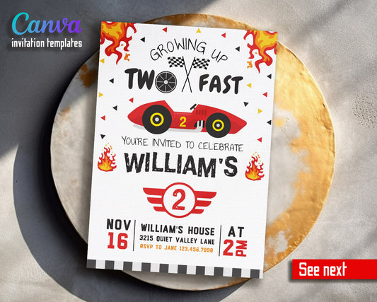 Race Car 2nd Bday Watercolor customizable invitation template | Share or Print | boy | KW866