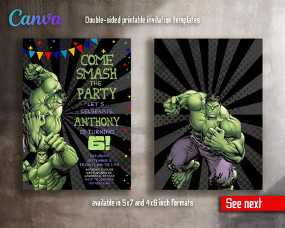 Hulk The Avengers Marvel Superhero customizable invitation template | Share or Print | boy | NG976