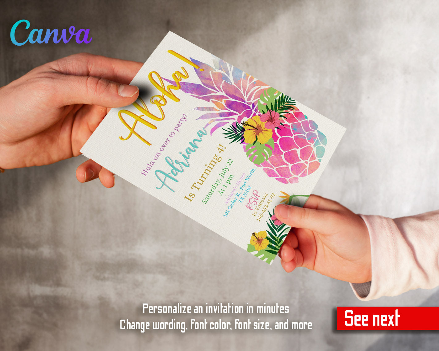 Aloha Luau Party customizable invitation template | Share or Print | girl | PH730