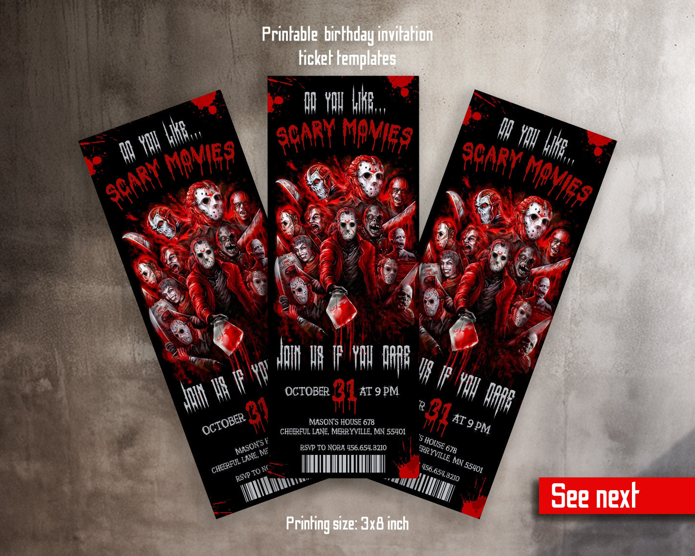 Horror Killer Movie Party Ticket customizable invitation template | Share or Print |  | SN449