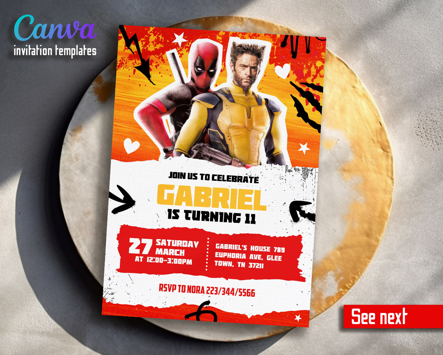 Deadpool Wolverine Marvel  customizable invitation template | Share or Print | boy | FU533