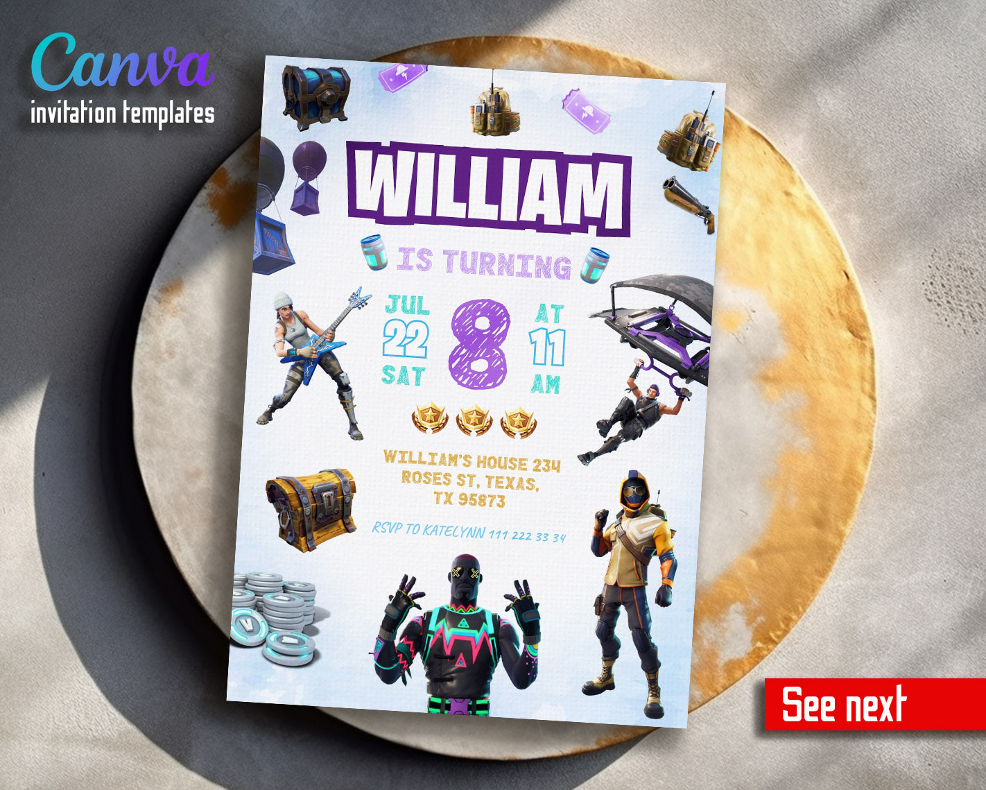 Fortnite gamer customizable invitation template | Share or Print | boy | RP505