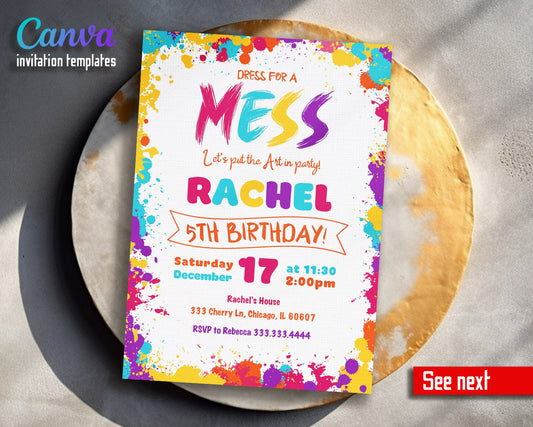 dress for a mess party invitation Dress for a Mess Painting Party Art Girl Birthday Invitation