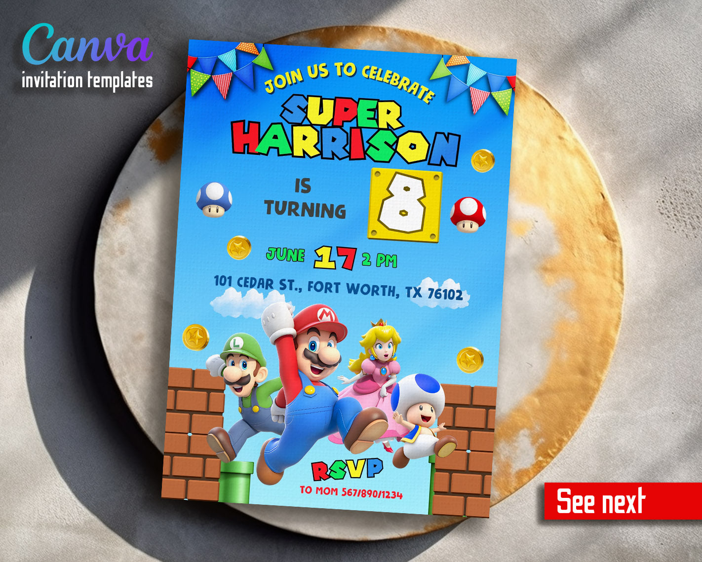 Super Mario Bros  customizable invitation template | Share or Print |  | BX218