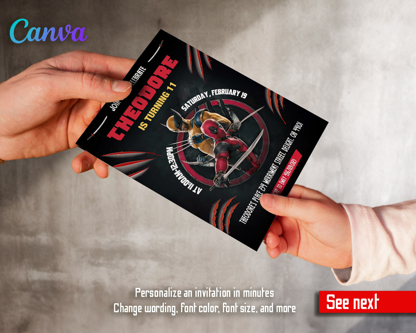 Deadpool Wolverine Marvel  customizable invitation template | Share or Print | boy | TB833