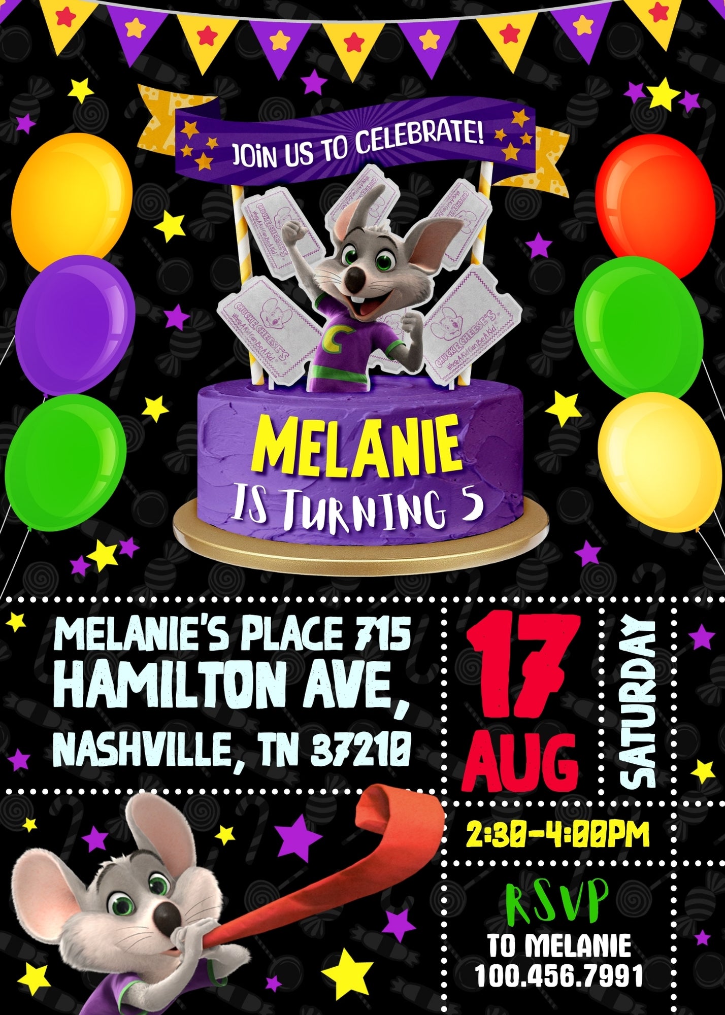 Chuck E. Cheese customizable invitation template | Share or Print |  | OG139