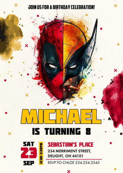 Deadpool Wolverine Marvel  customizable invitation template | Share or Print | boy | BS600