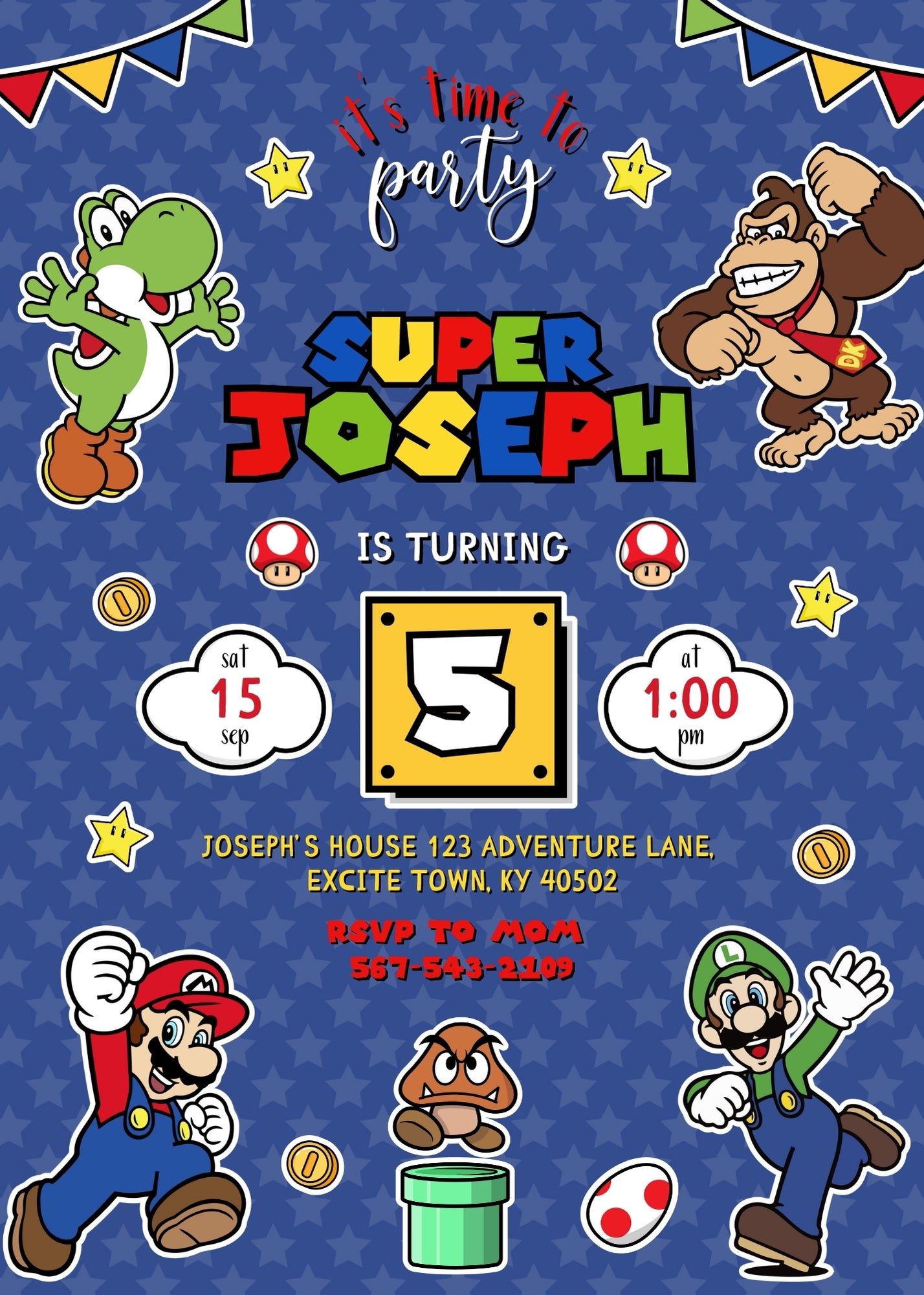 Super Mario Bros  customizable invitation template | Share or Print |  | XK475