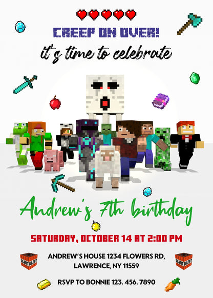 Minecraft Gamer customizable invitation template | Share or Print | | CI337