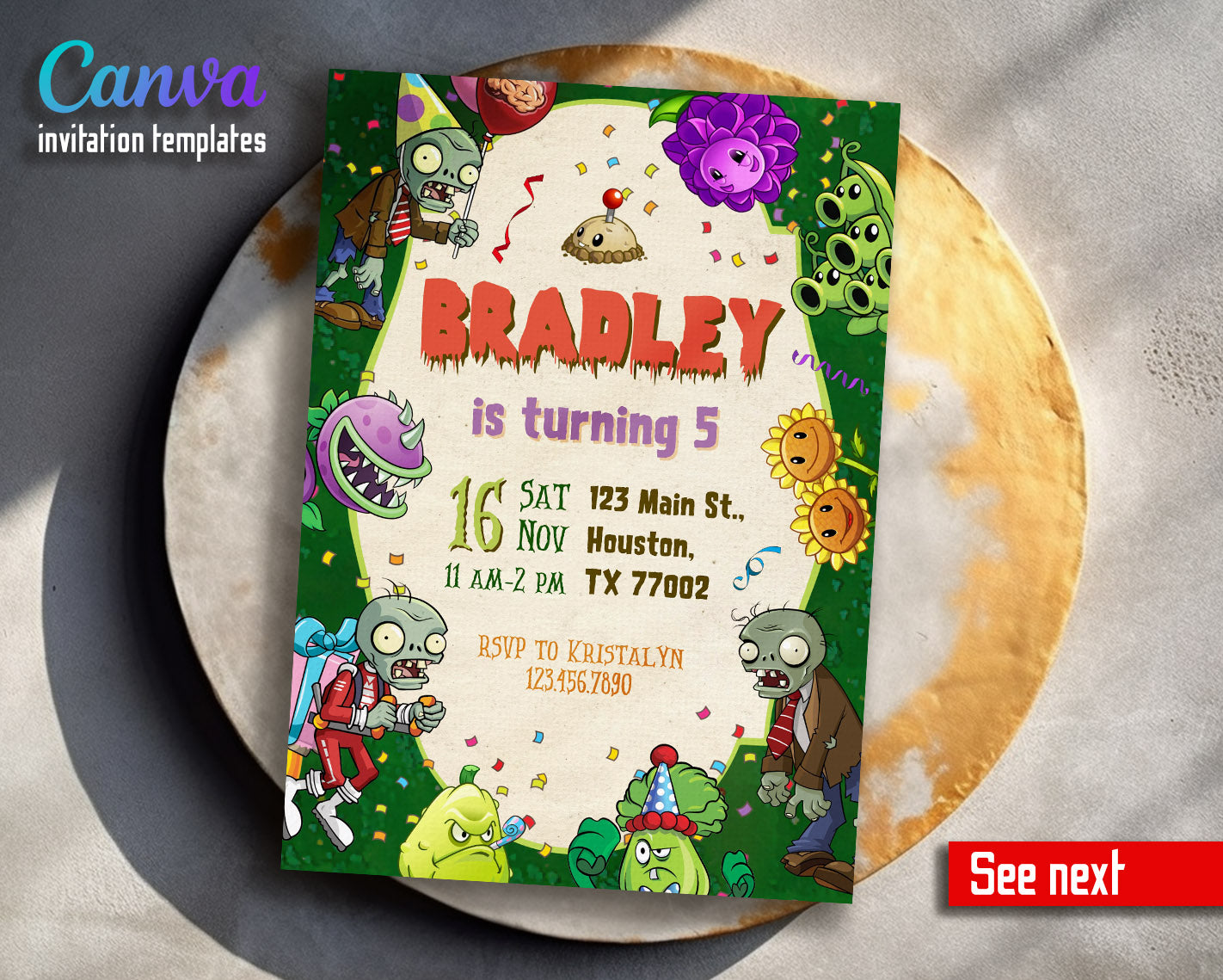 Plants vs Zombies Gamer customizable invitation template | Share or Print |  | DW380